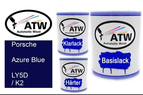 Porsche, Azure Blue, LY5D / K2: 1L Lackdose + 1L Klarlack + 500ml Härter - Set, von ATW Autoteile West.